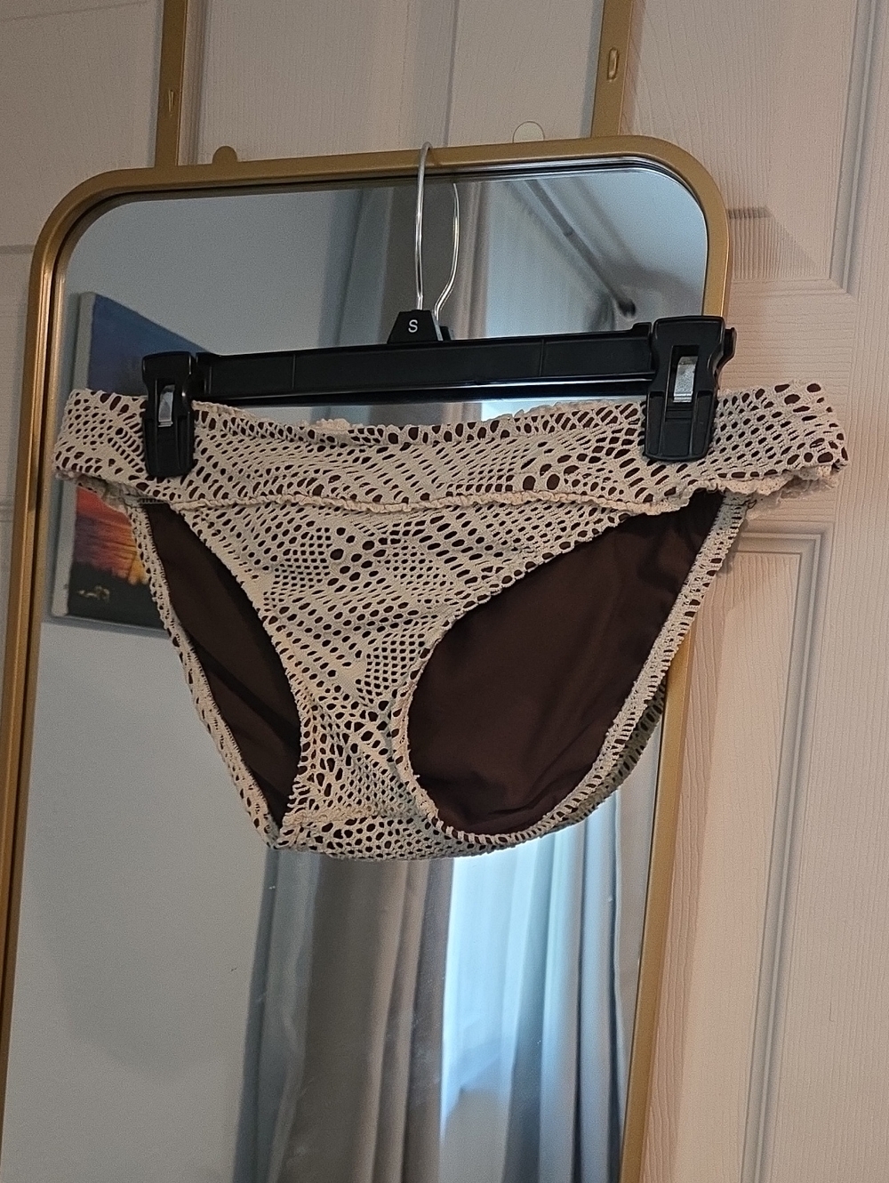 Lucky Brand Brown Bikini with Cream Crochet Overlay and Wooden Beads Details-M - Picture 5 of 9